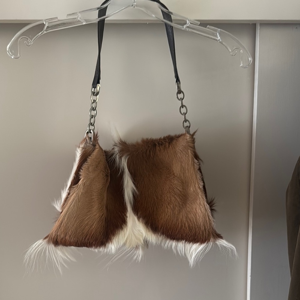Rustic Brown and White Fur Shoulder Bag with Chain Details